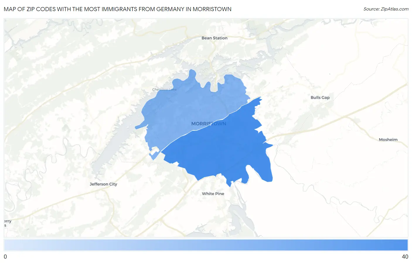 Zip Codes with the Most Immigrants from Germany in Morristown Map