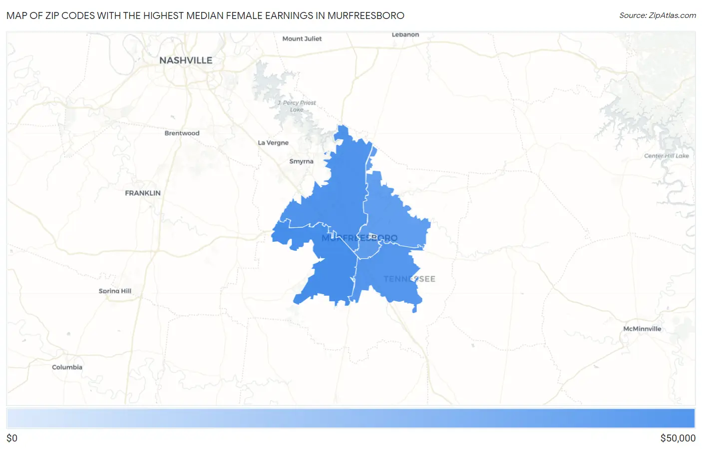 Zip Codes with the Highest Median Female Earnings in Murfreesboro Map