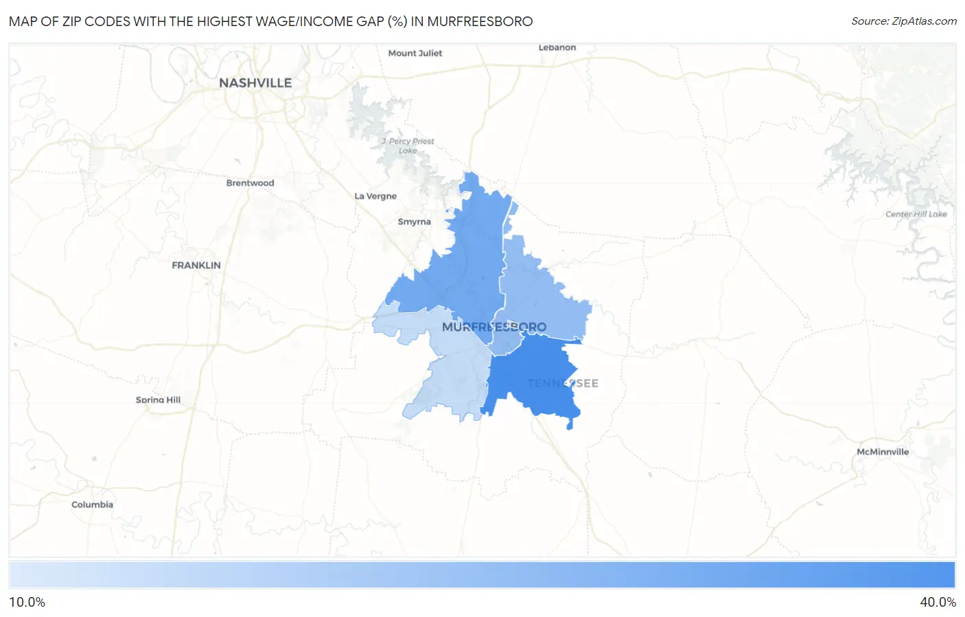 Zip Codes with the Highest Wage/Income Gap (%) in Murfreesboro Map