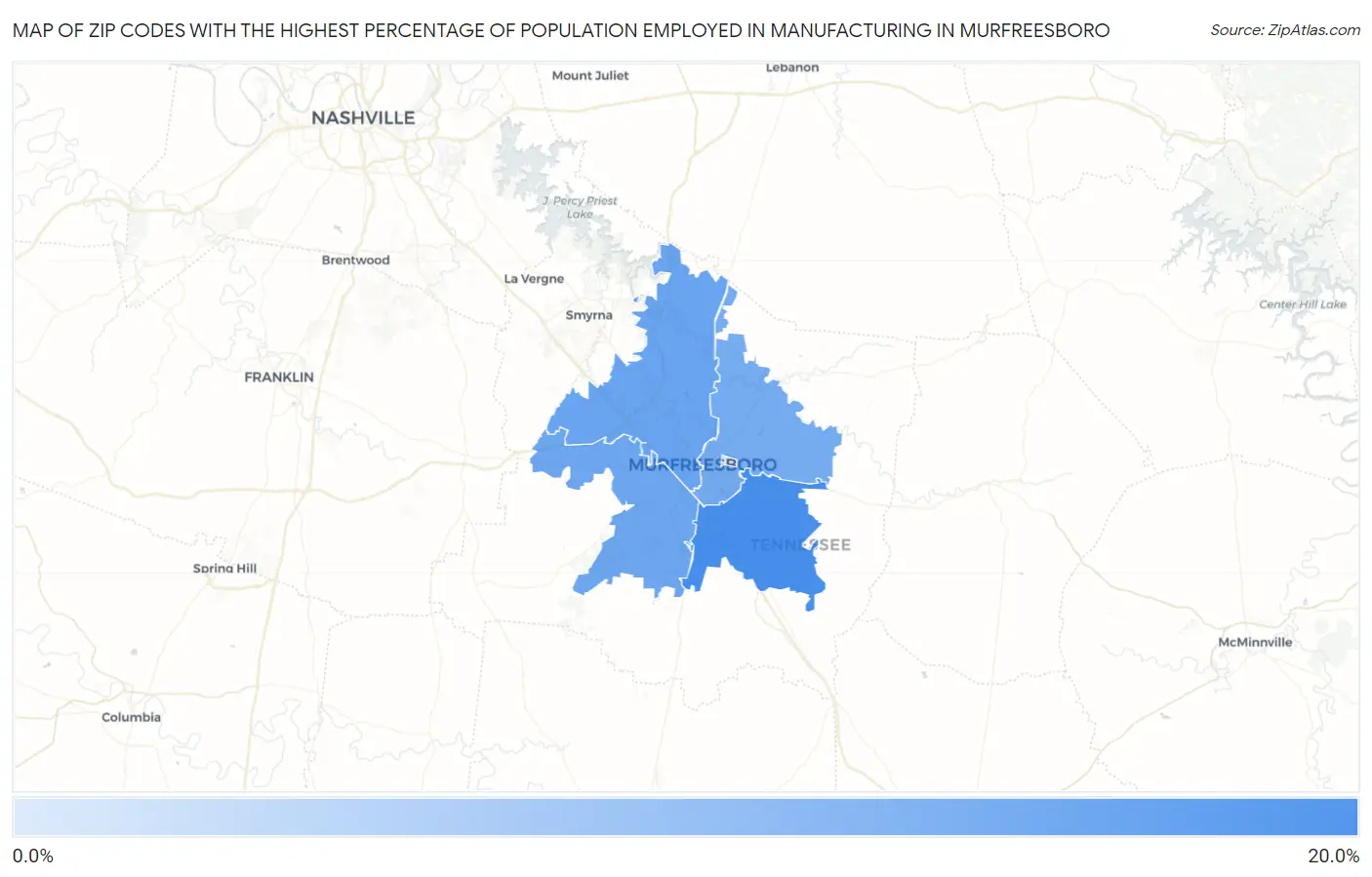 Zip Codes with the Highest Percentage of Population Employed in Manufacturing in Murfreesboro Map