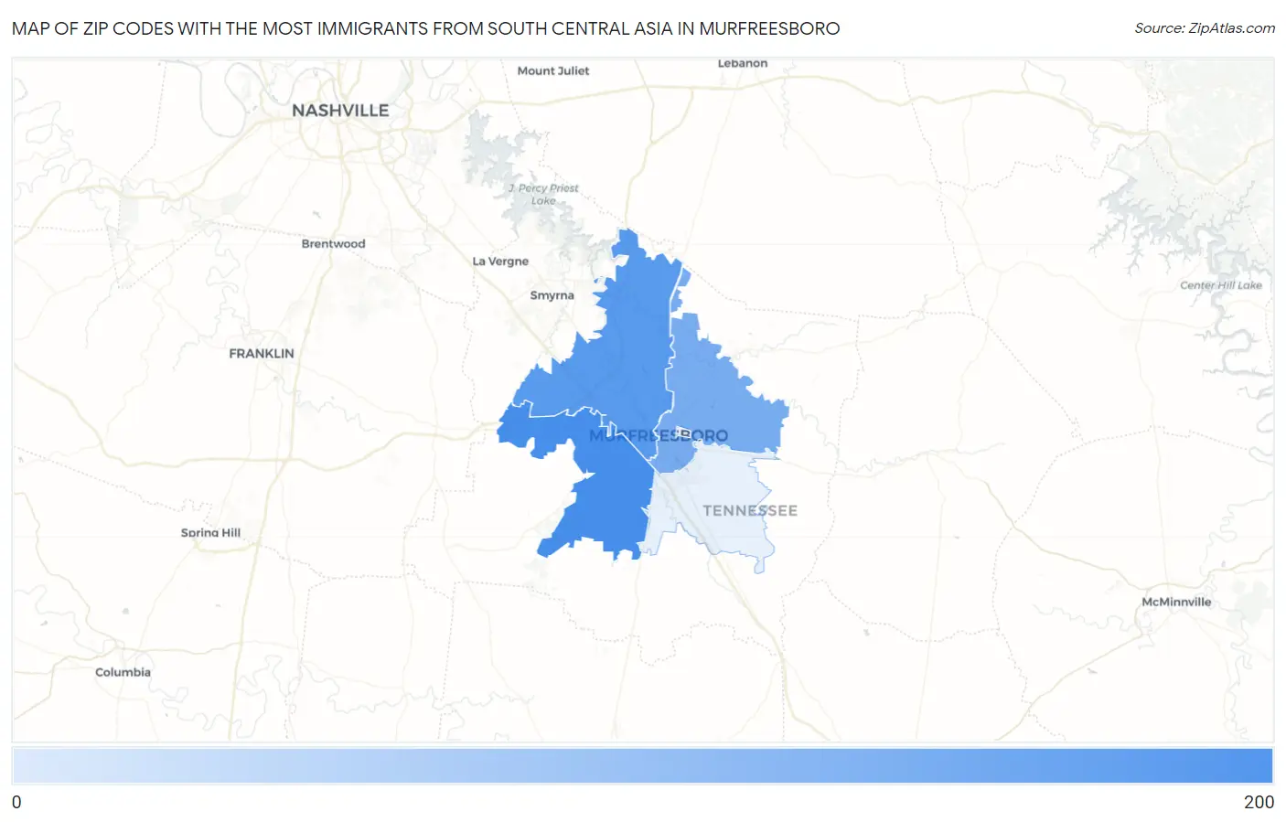 Zip Codes with the Most Immigrants from South Central Asia in Murfreesboro Map