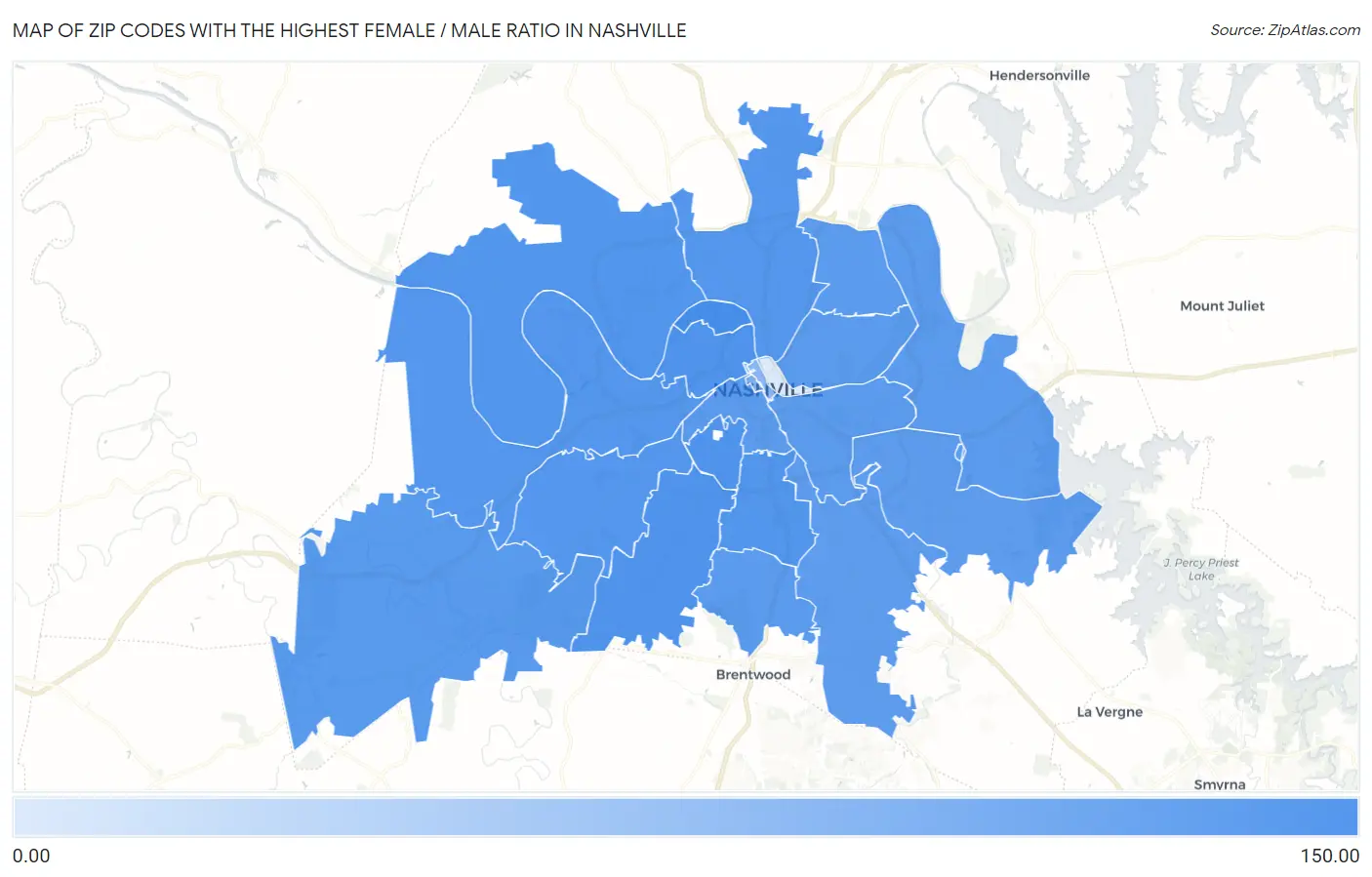 Zip Codes with the Highest Female / Male Ratio in Nashville Map