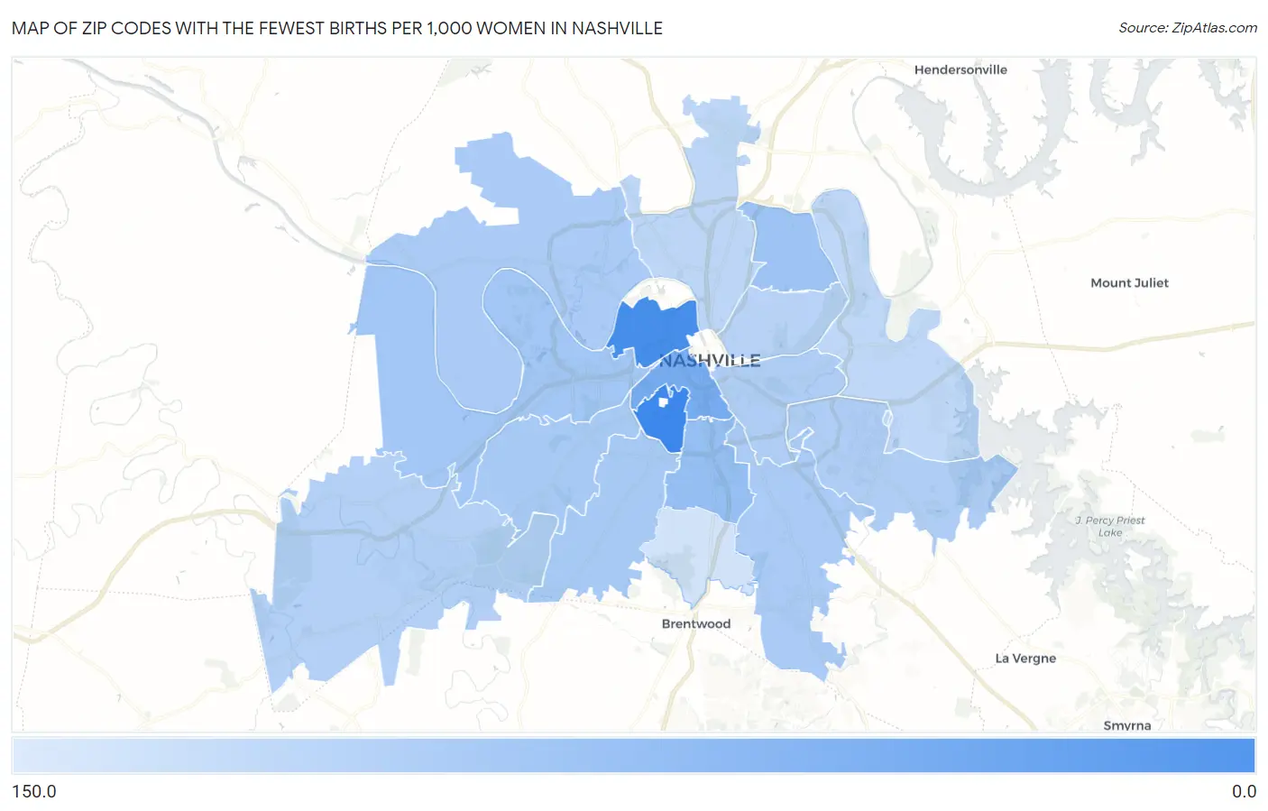Zip Codes with the Fewest Births per 1,000 Women in Nashville Map