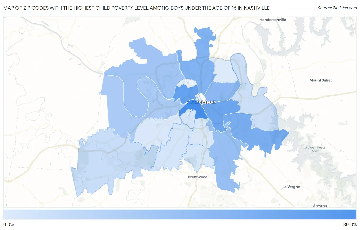 Zip Codes with the Highest Child Poverty Level Among Boys Under the Age of 16 in Nashville Map
