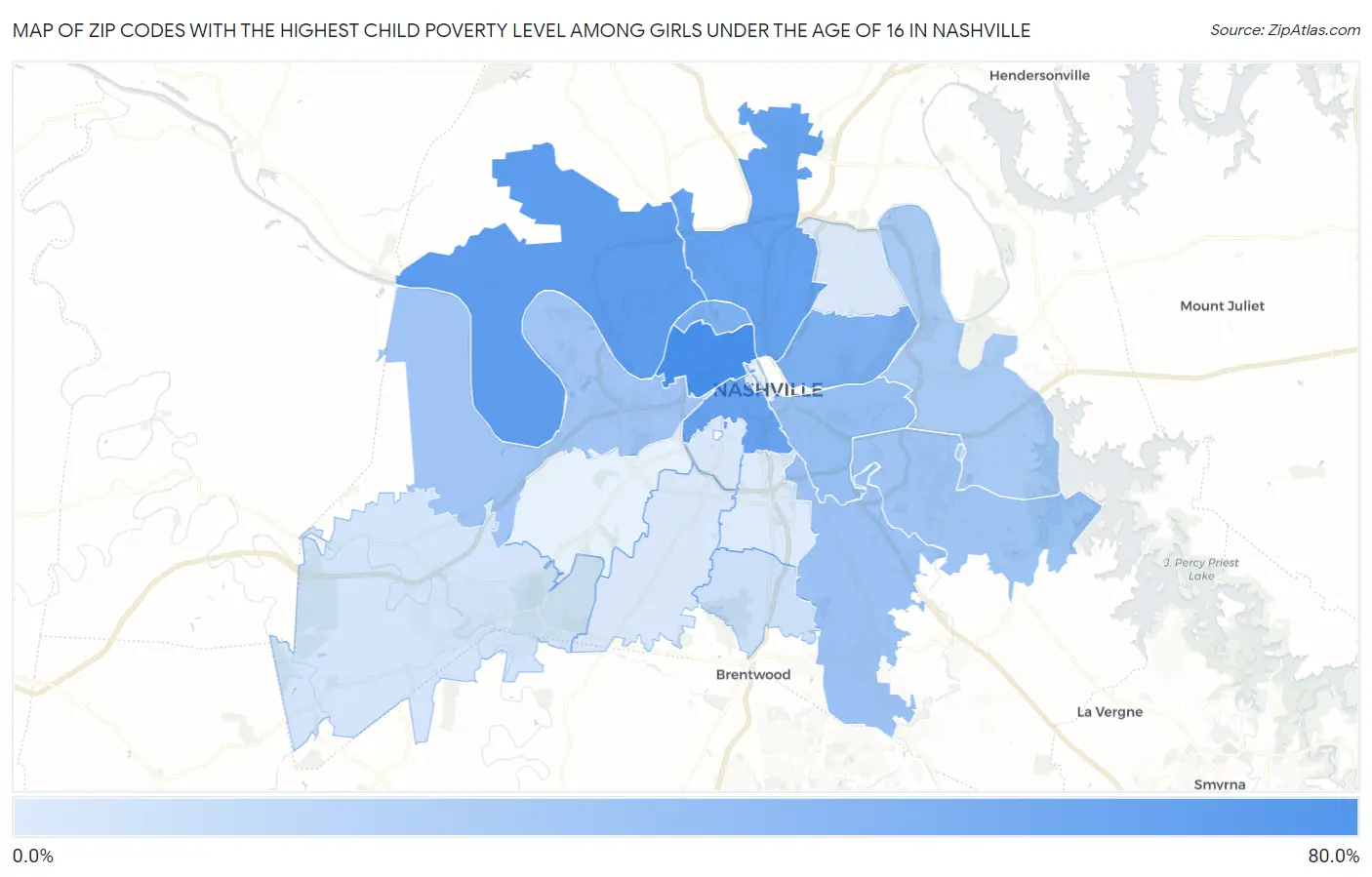 Zip Codes with the Highest Child Poverty Level Among Girls Under the Age of 16 in Nashville Map