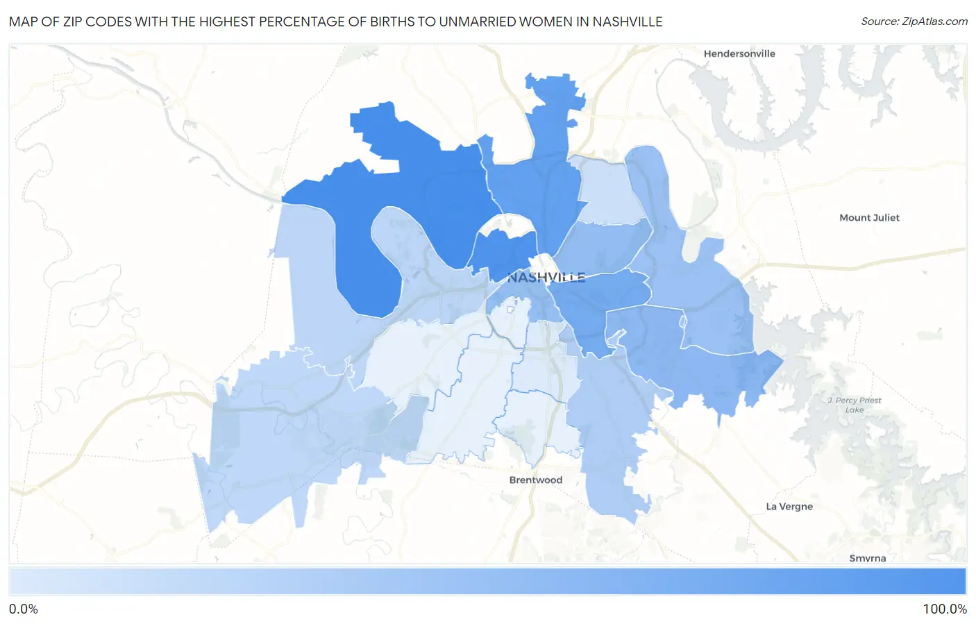 Zip Codes with the Highest Percentage of Births to Unmarried Women in Nashville Map