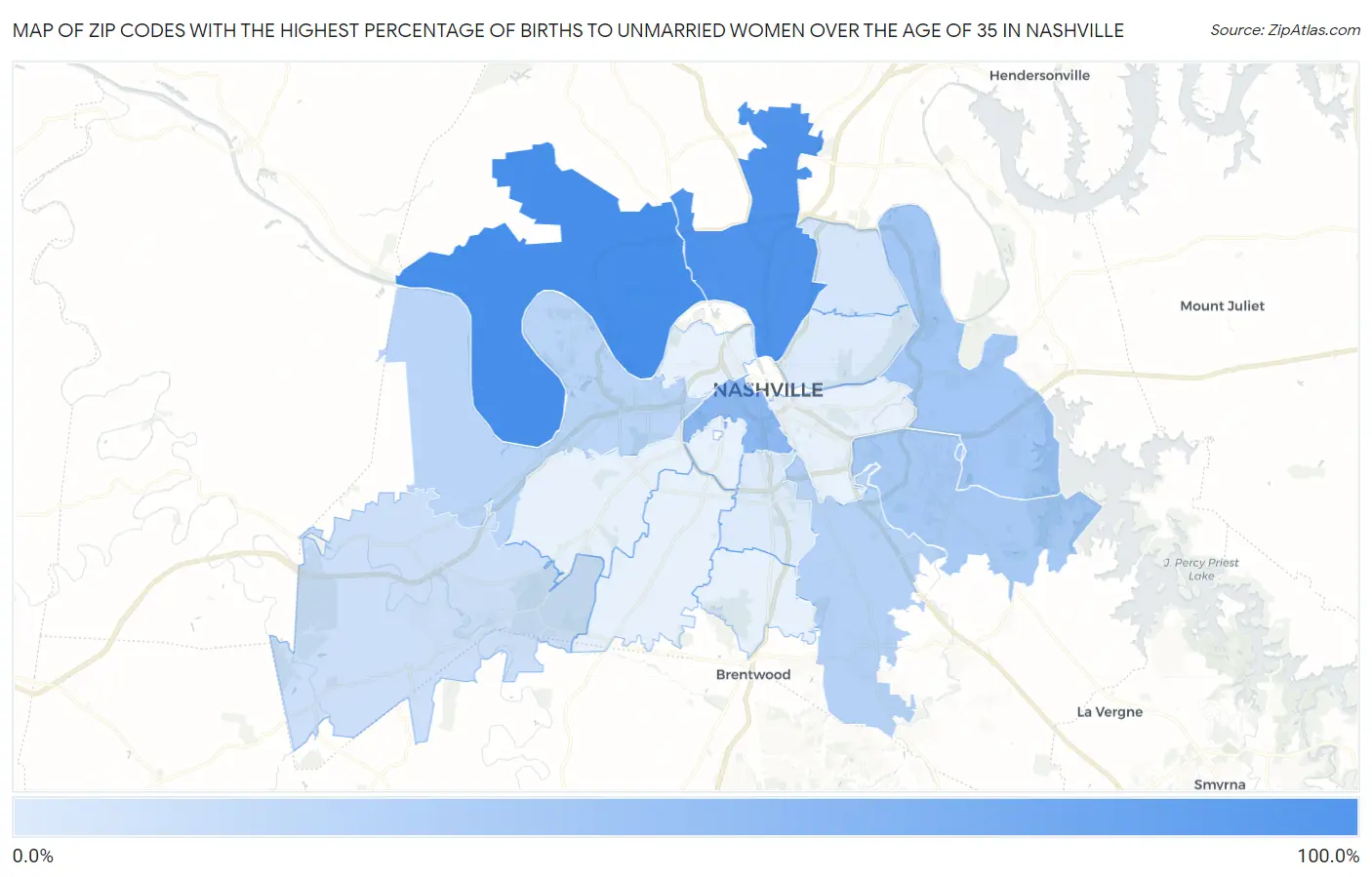 Zip Codes with the Highest Percentage of Births to Unmarried Women over the Age of 35 in Nashville Map