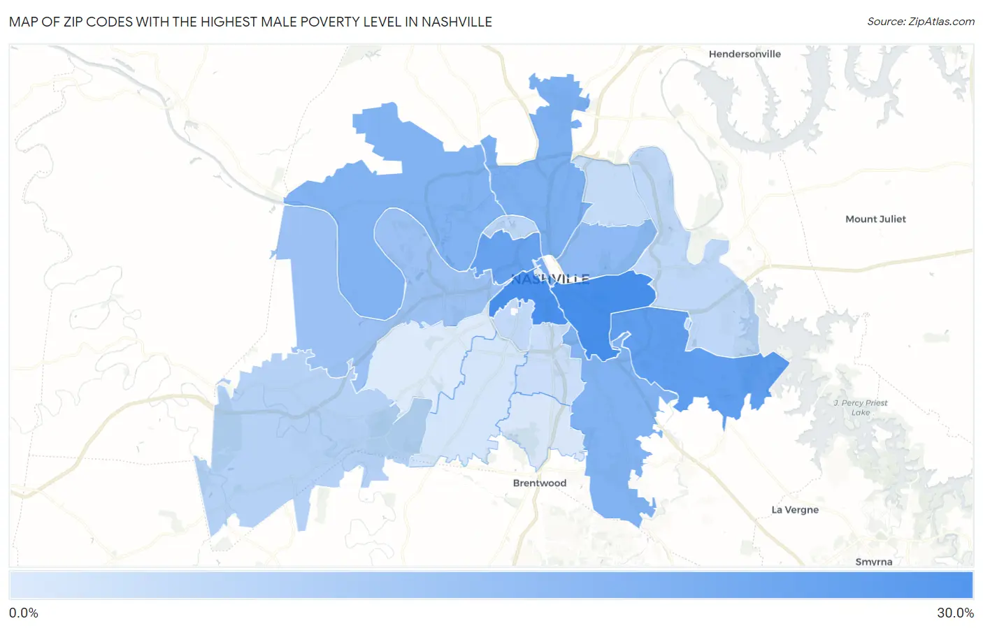 Zip Codes with the Highest Male Poverty Level in Nashville Map
