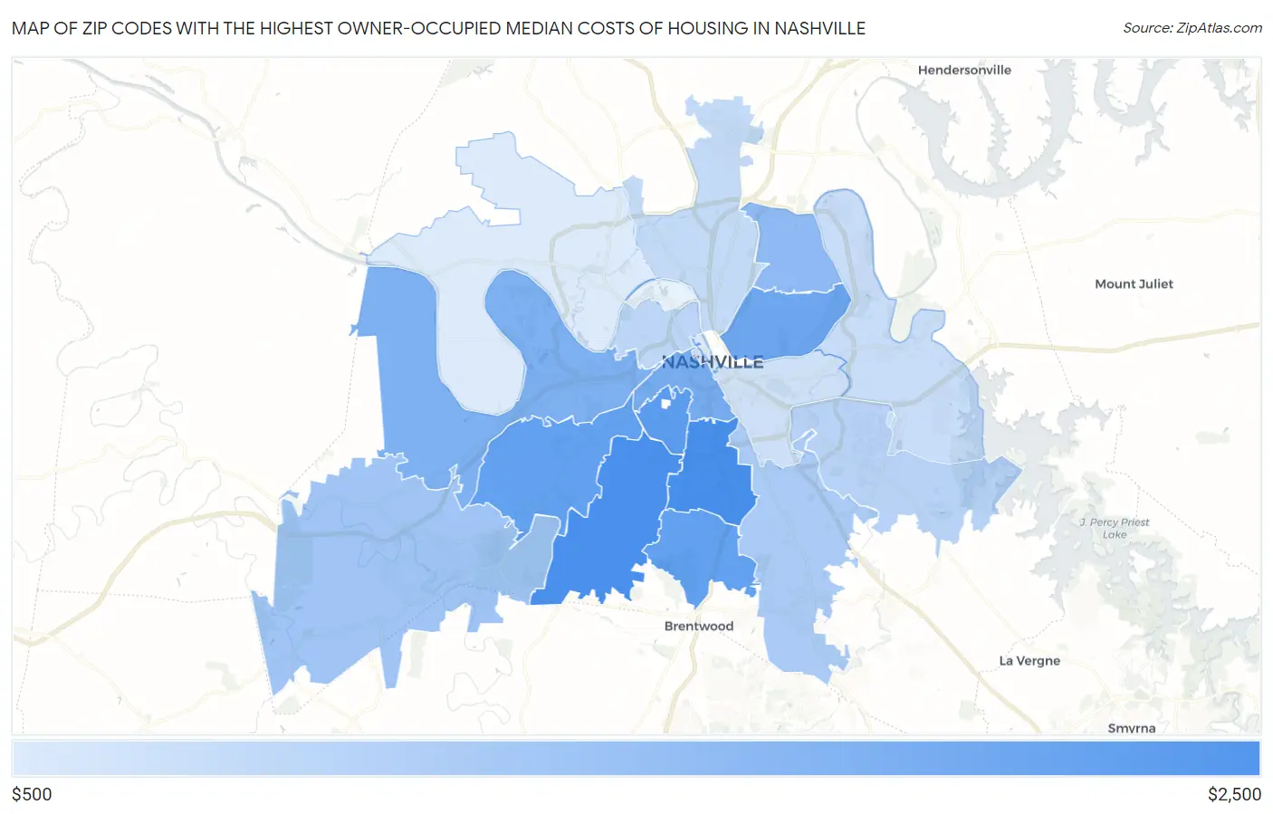 Zip Codes with the Highest Owner-Occupied Median Costs of Housing in Nashville Map