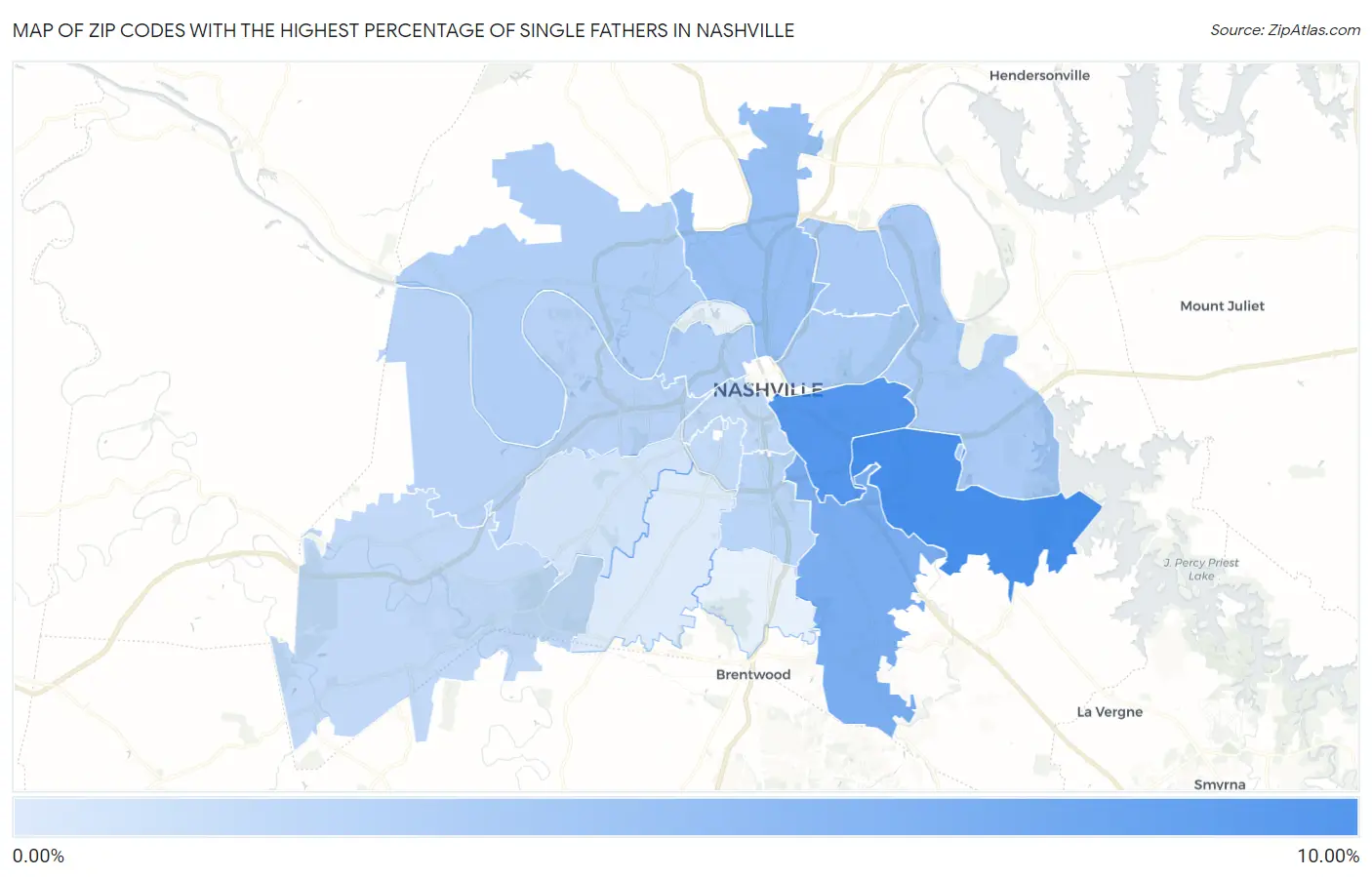 Zip Codes with the Highest Percentage of Single Fathers in Nashville Map