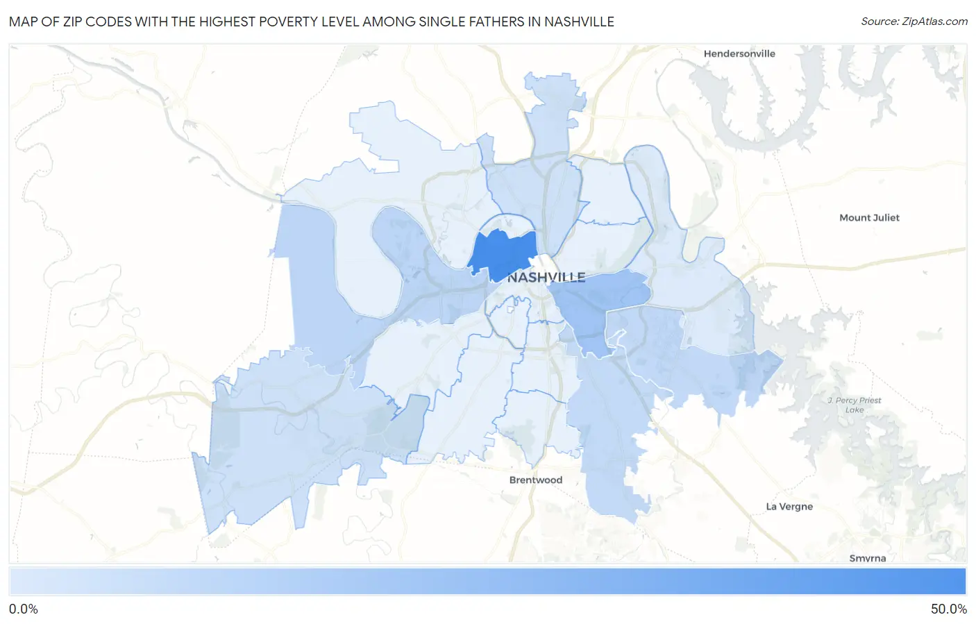 Zip Codes with the Highest Poverty Level Among Single Fathers in Nashville Map
