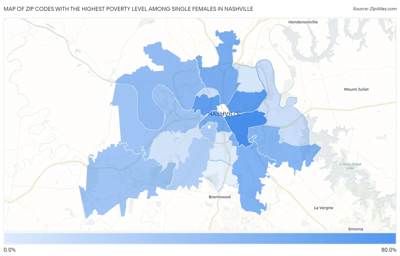 Zip Codes with the Highest Poverty Level Among Single Females in Nashville Map