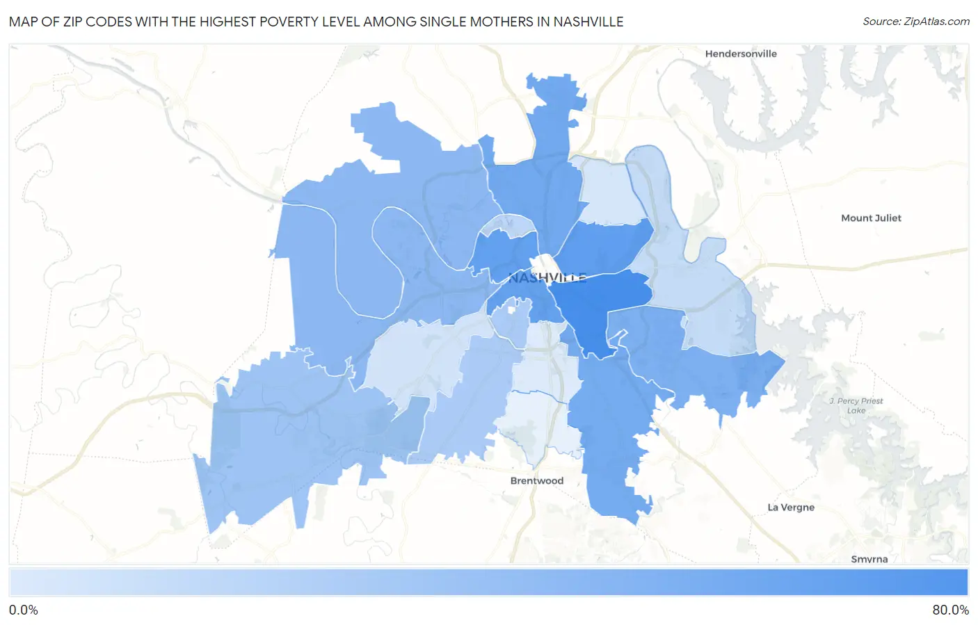 Zip Codes with the Highest Poverty Level Among Single Mothers in Nashville Map