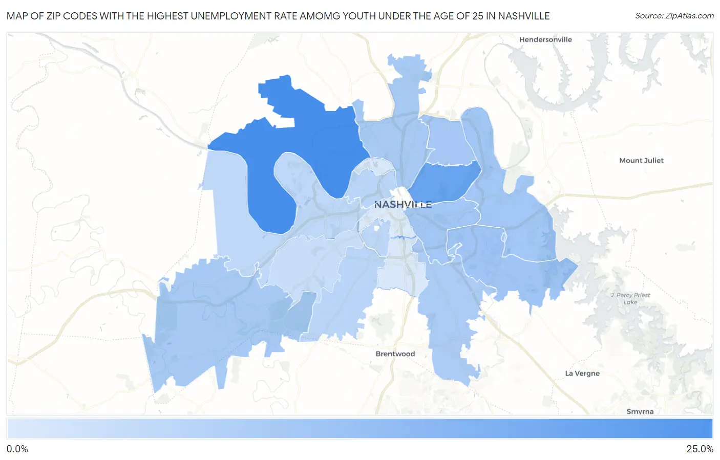 Zip Codes with the Highest Unemployment Rate Amomg Youth Under the Age of 25 in Nashville Map