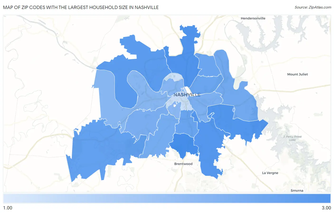 Zip Codes with the Largest Household Size in Nashville Map
