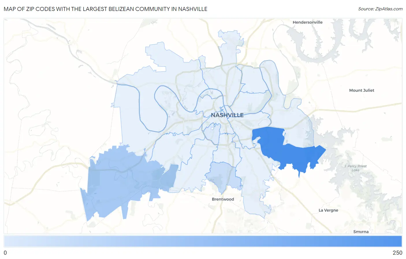 Zip Codes with the Largest Belizean Community in Nashville Map