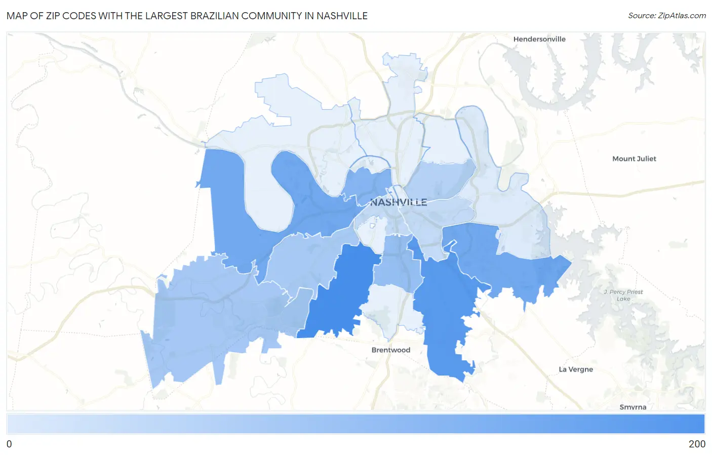 Zip Codes with the Largest Brazilian Community in Nashville Map