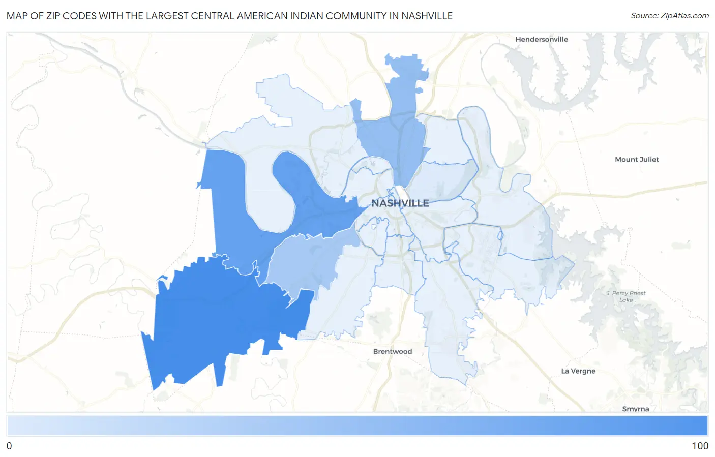 Zip Codes with the Largest Central American Indian Community in Nashville Map