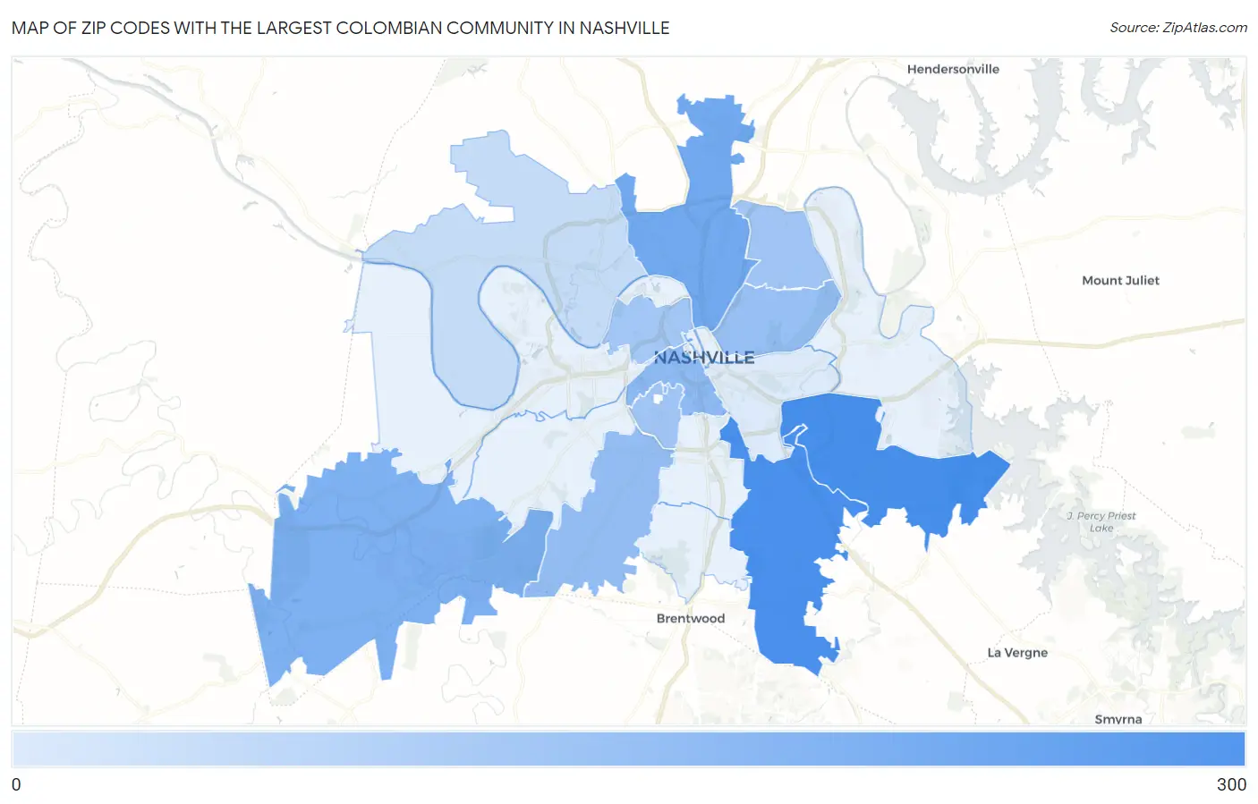 Zip Codes with the Largest Colombian Community in Nashville Map