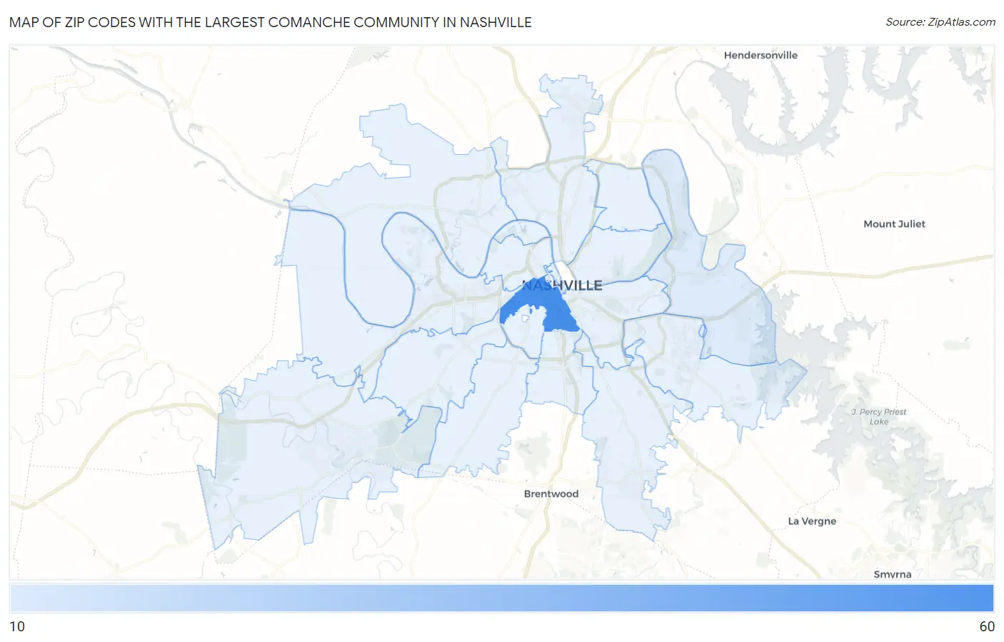 Zip Codes with the Largest Comanche Community in Nashville Map