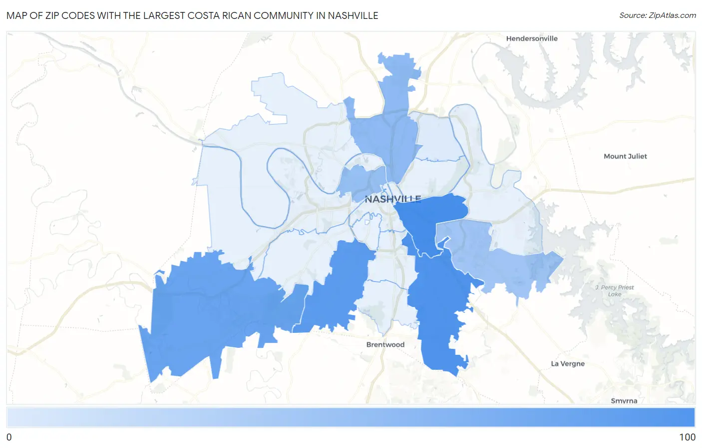 Zip Codes with the Largest Costa Rican Community in Nashville Map