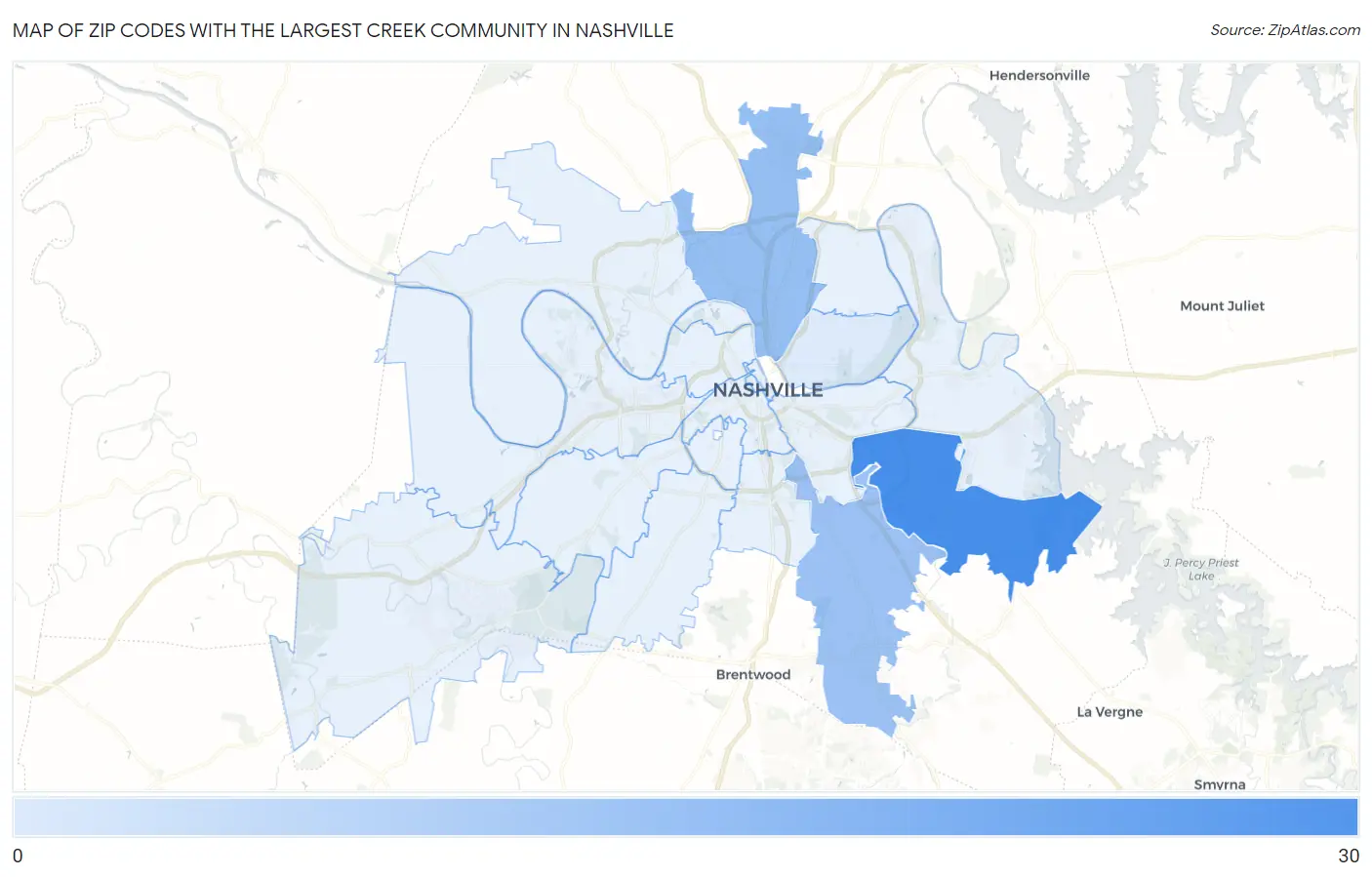 Zip Codes with the Largest Creek Community in Nashville Map
