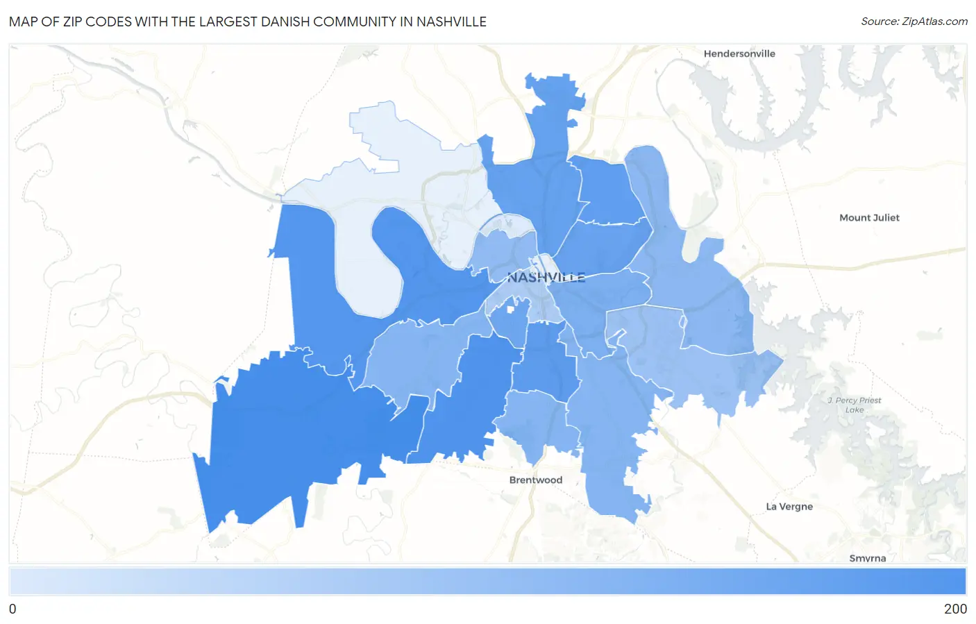 Zip Codes with the Largest Danish Community in Nashville Map