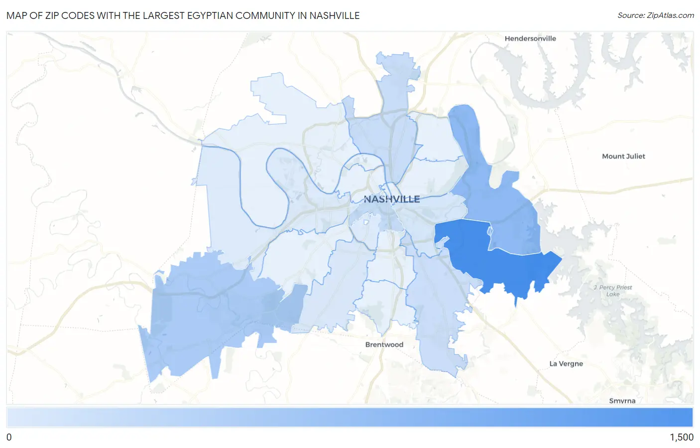 Zip Codes with the Largest Egyptian Community in Nashville Map