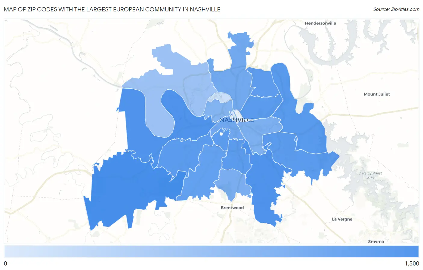 Zip Codes with the Largest European Community in Nashville Map