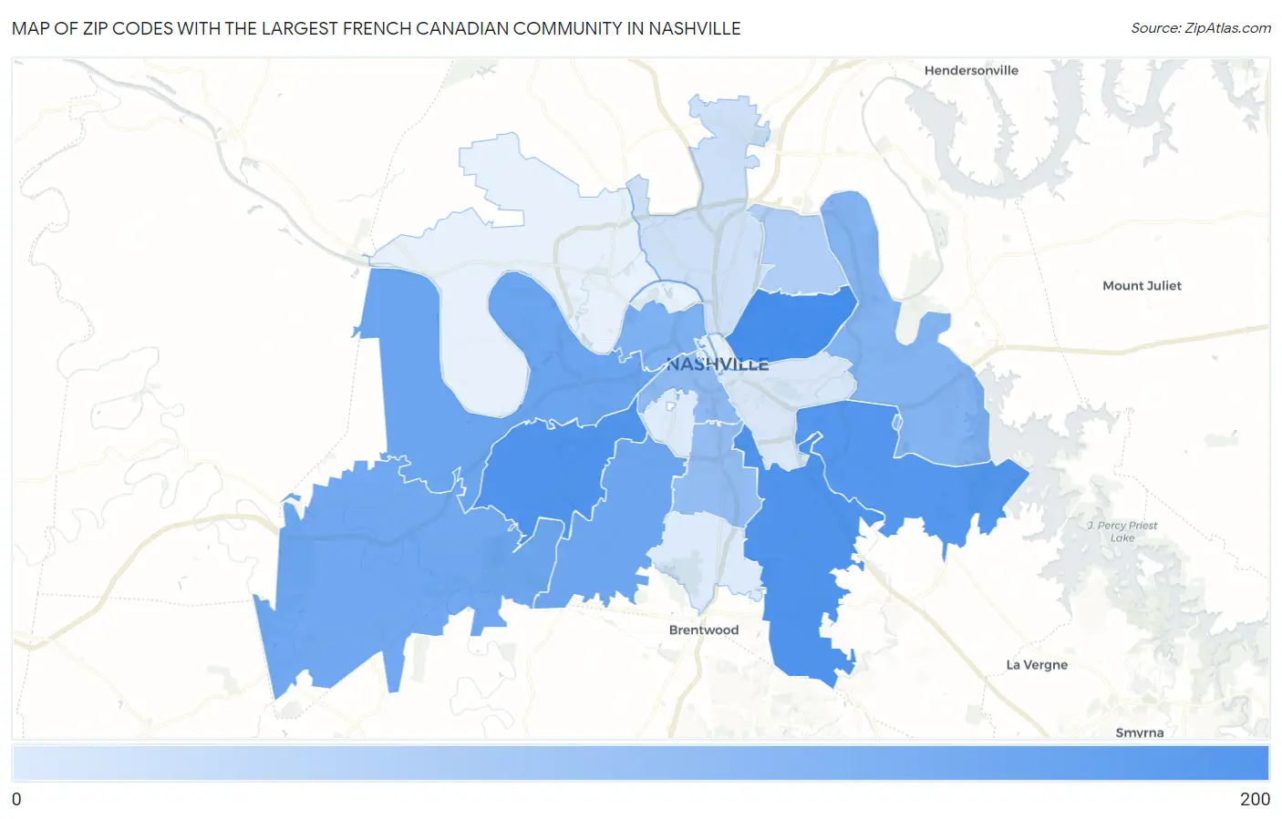 Zip Codes with the Largest French Canadian Community in Nashville Map