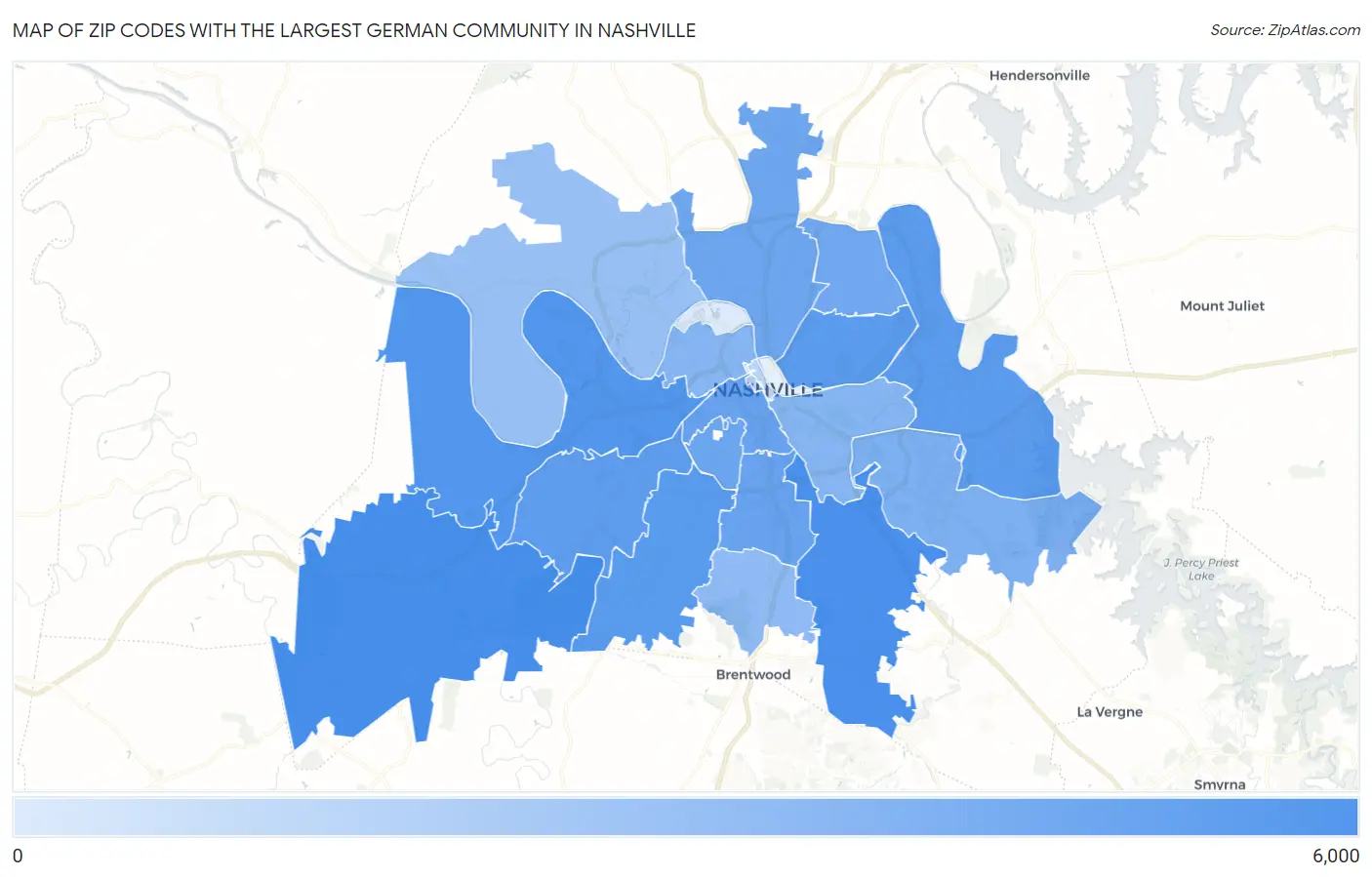 Zip Codes with the Largest German Community in Nashville Map