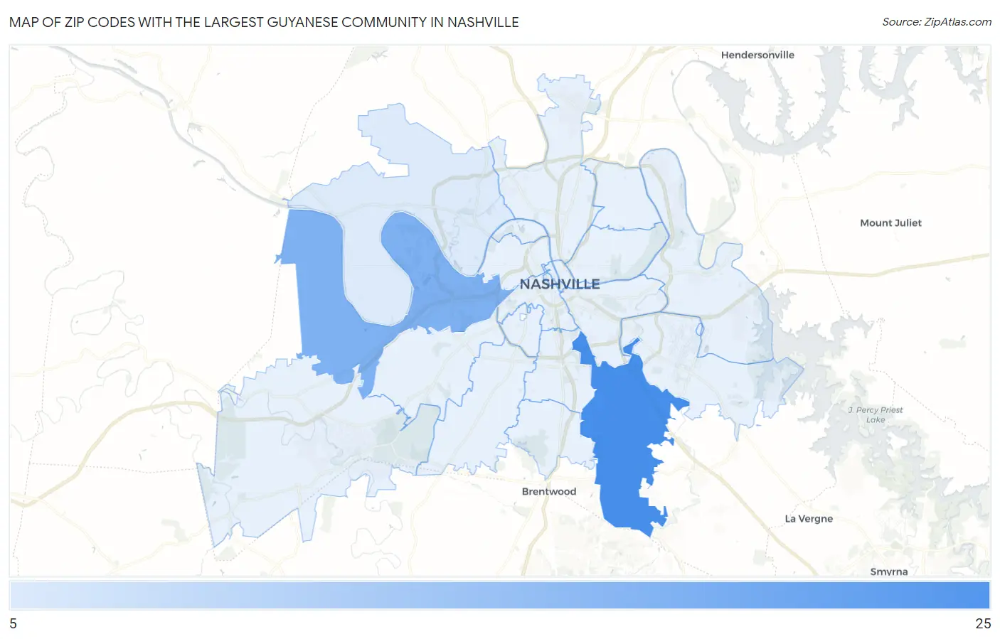 Zip Codes with the Largest Guyanese Community in Nashville Map