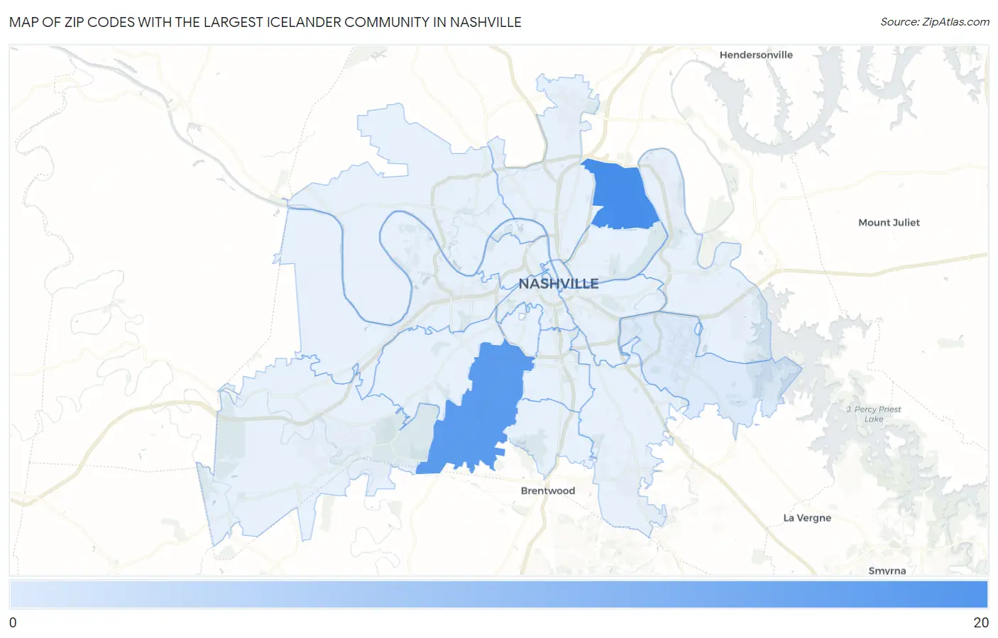 Zip Codes with the Largest Icelander Community in Nashville Map