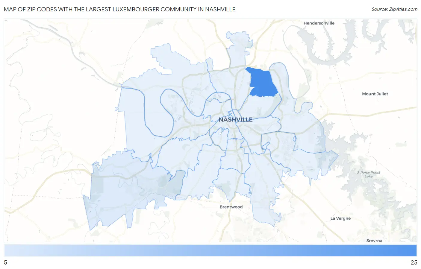 Zip Codes with the Largest Luxembourger Community in Nashville Map