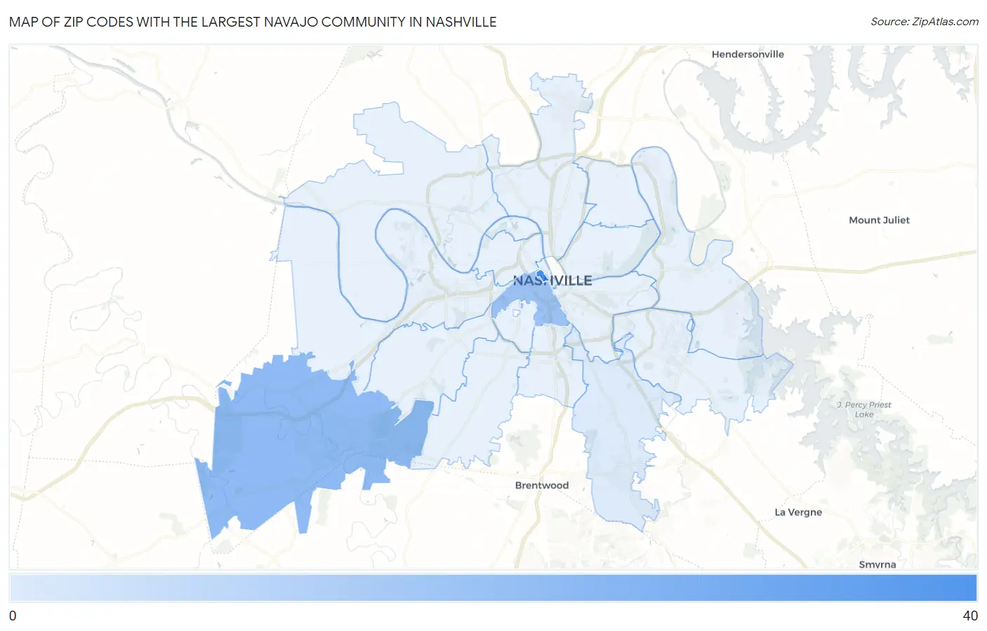 Zip Codes with the Largest Navajo Community in Nashville Map