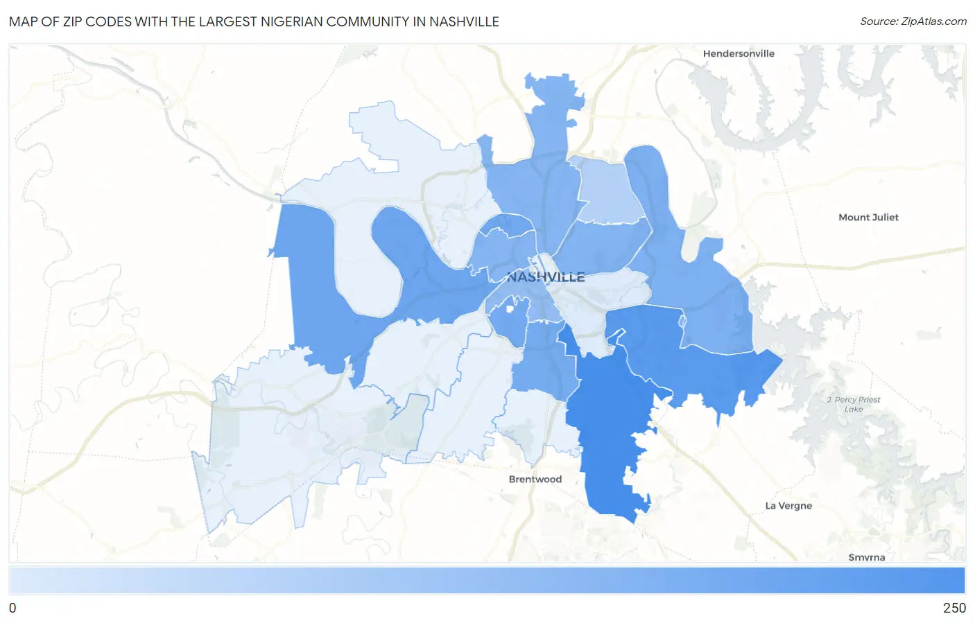 Zip Codes with the Largest Nigerian Community in Nashville Map