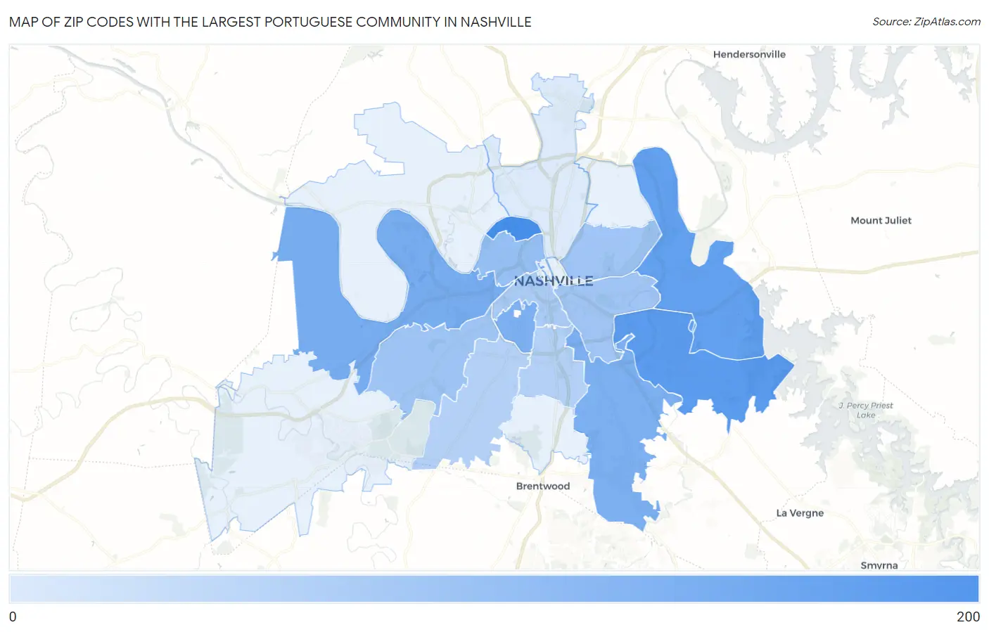 Zip Codes with the Largest Portuguese Community in Nashville Map