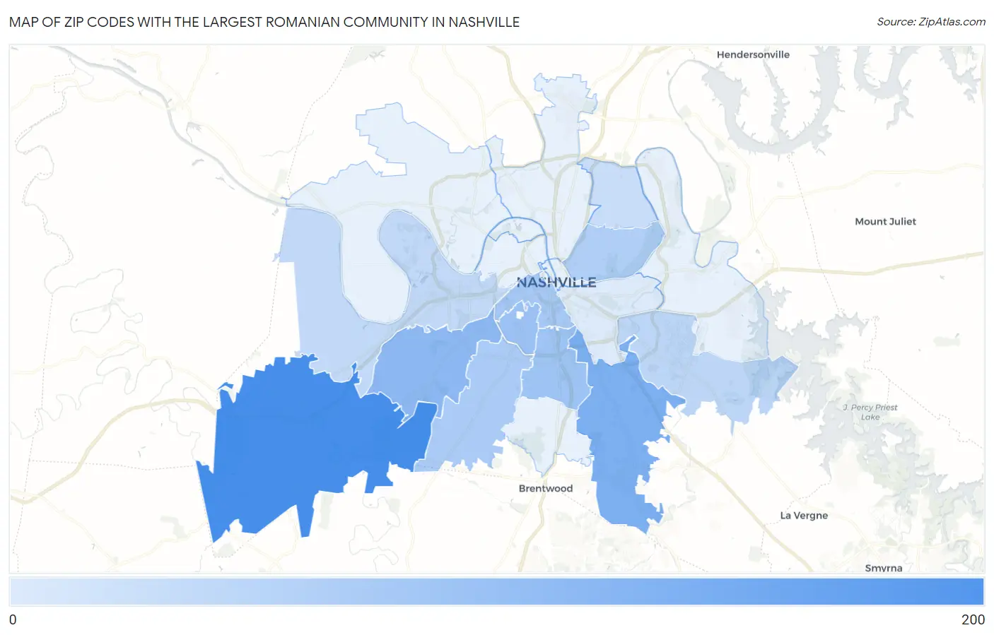 Zip Codes with the Largest Romanian Community in Nashville Map