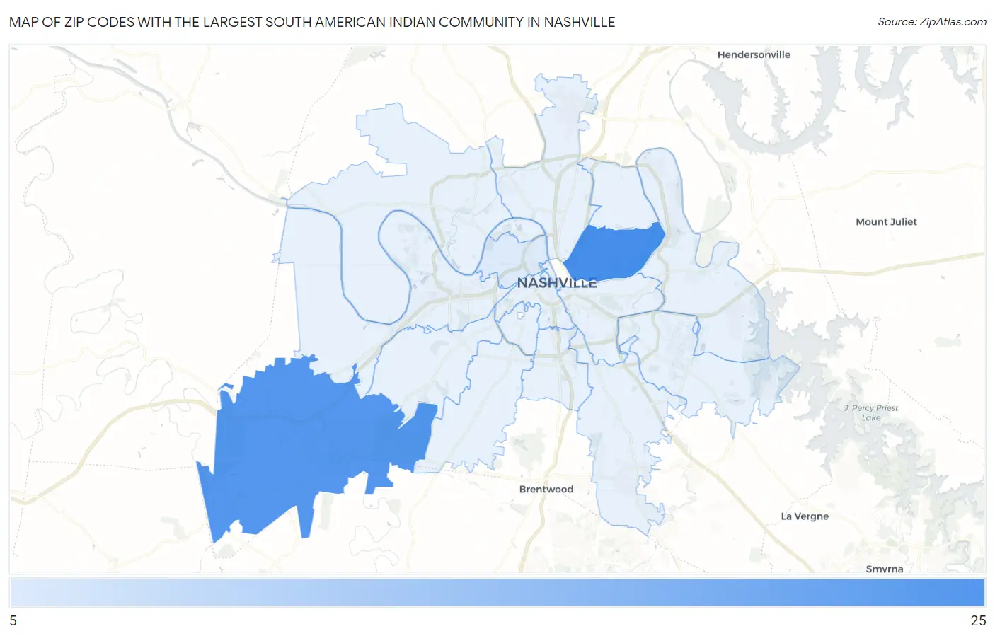 Zip Codes with the Largest South American Indian Community in Nashville Map