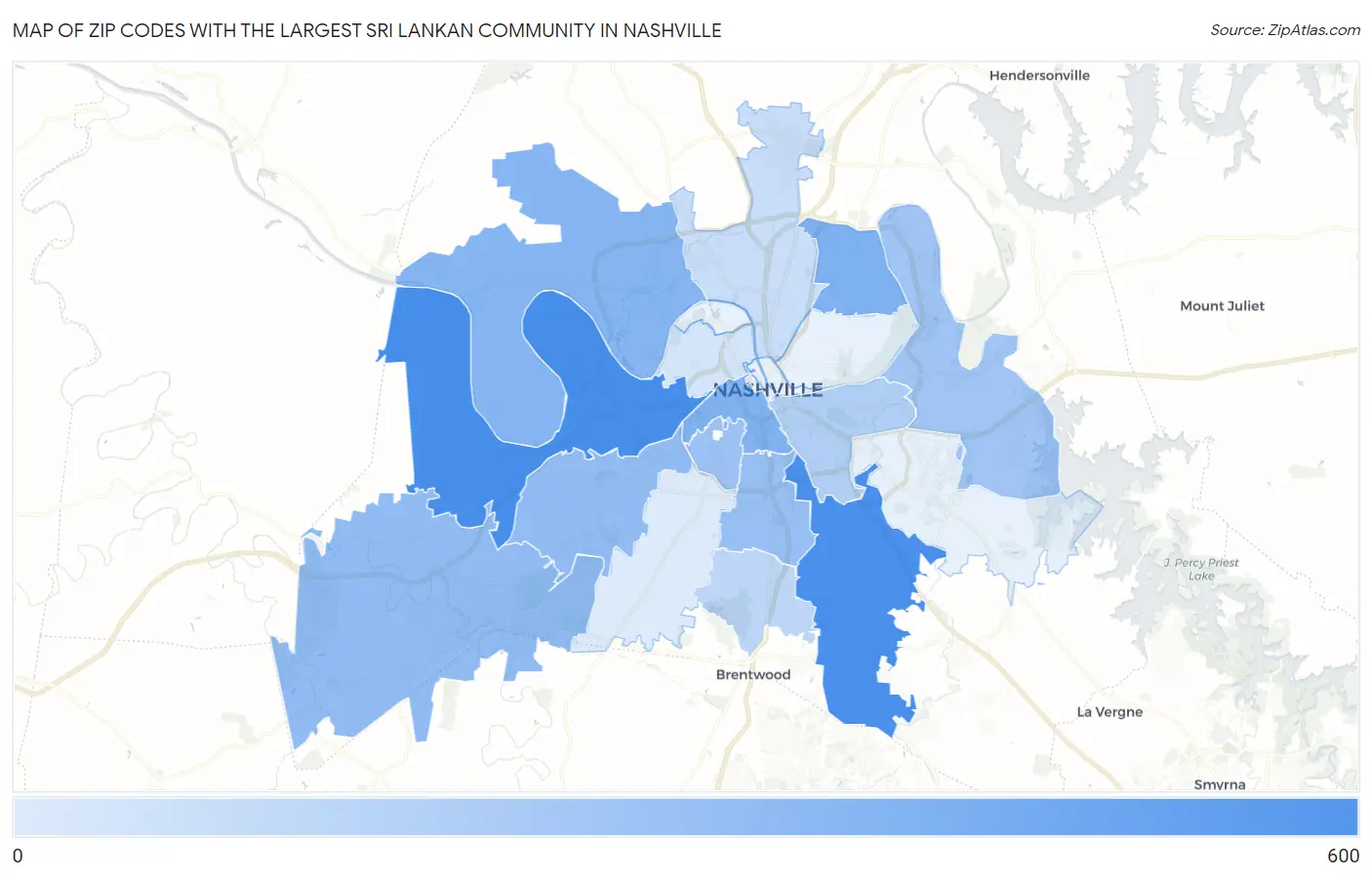 Zip Codes with the Largest Sri Lankan Community in Nashville Map