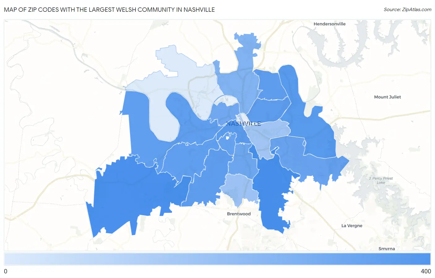 Zip Codes with the Largest Welsh Community in Nashville Map
