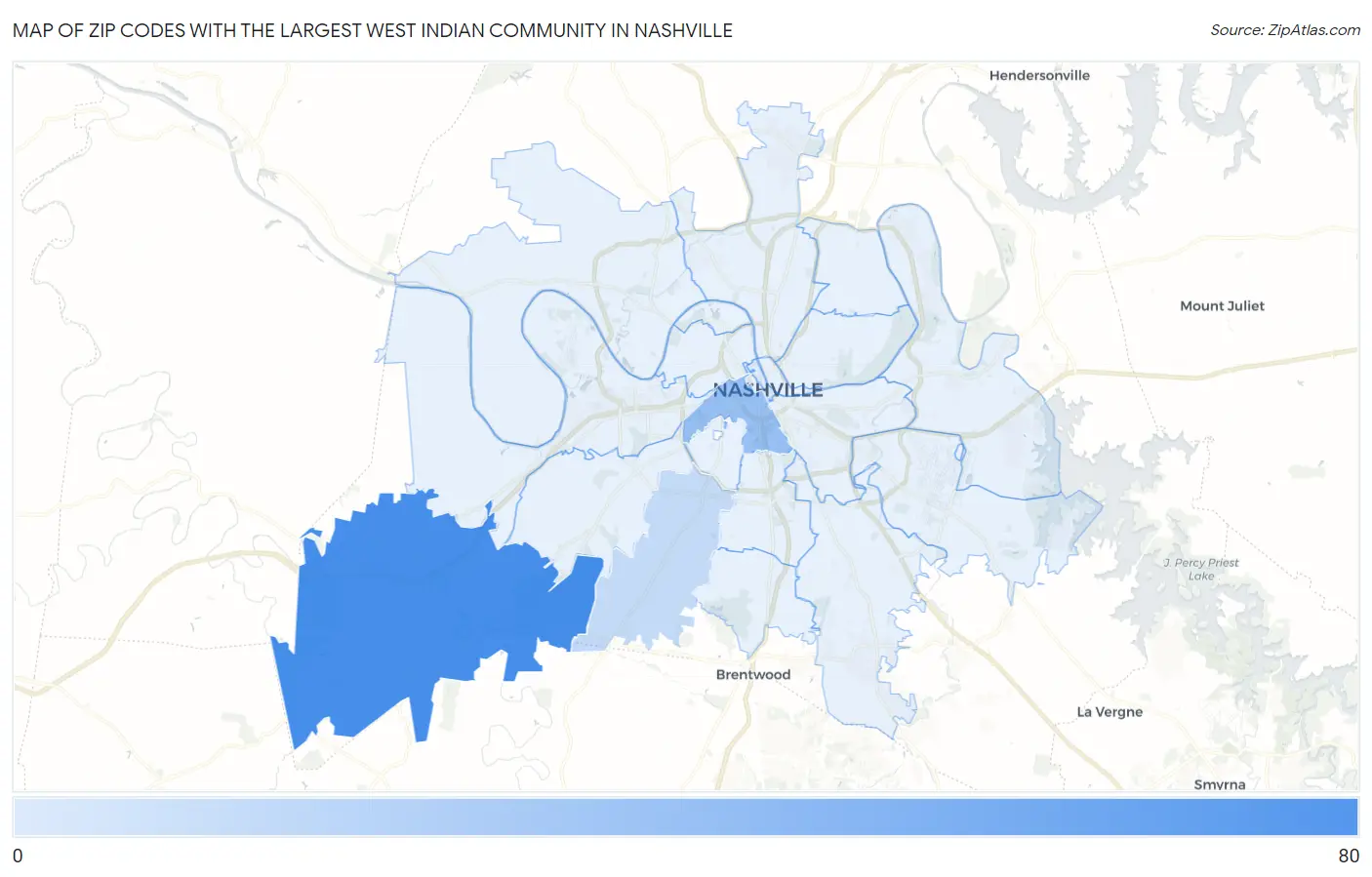 Zip Codes with the Largest West Indian Community in Nashville Map