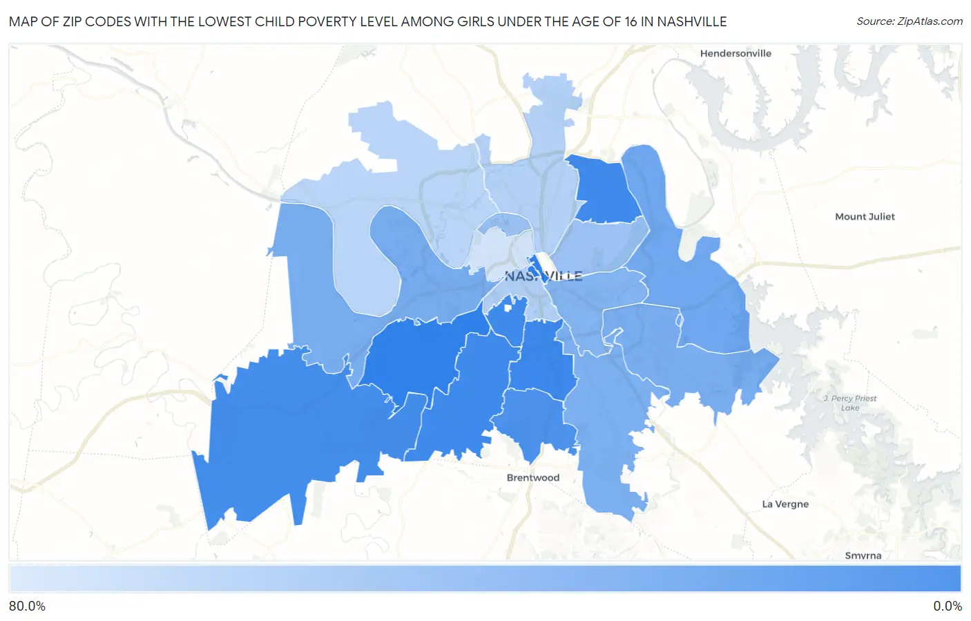 Zip Codes with the Lowest Child Poverty Level Among Girls Under the Age of 16 in Nashville Map