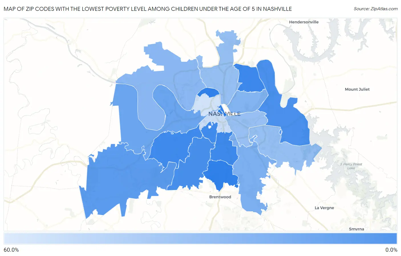Zip Codes with the Lowest Poverty Level Among Children Under the Age of 5 in Nashville Map