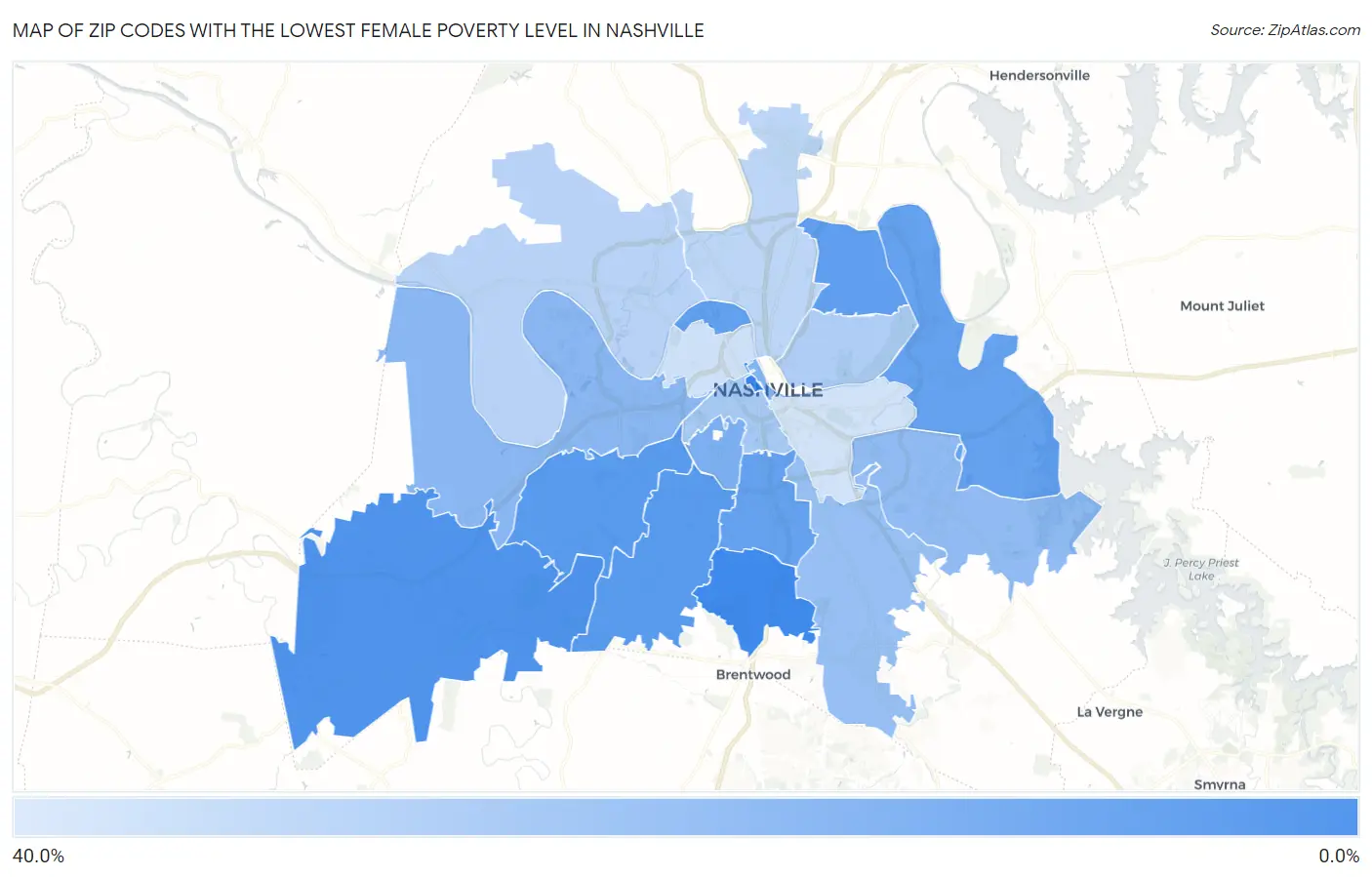 Zip Codes with the Lowest Female Poverty Level in Nashville Map