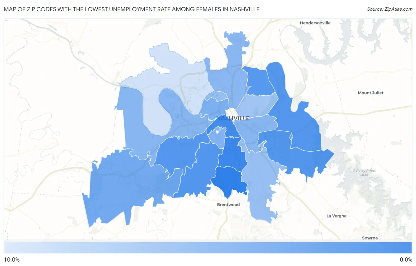 Zip Codes with the Lowest Unemployment Rate Among Females in Nashville Map