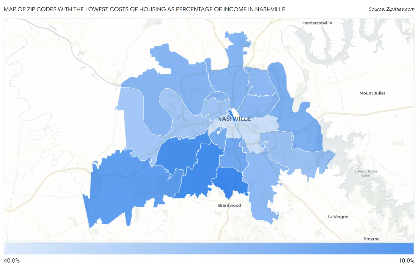 Zip Codes with the Lowest Costs of Housing as Percentage of Income in Nashville Map