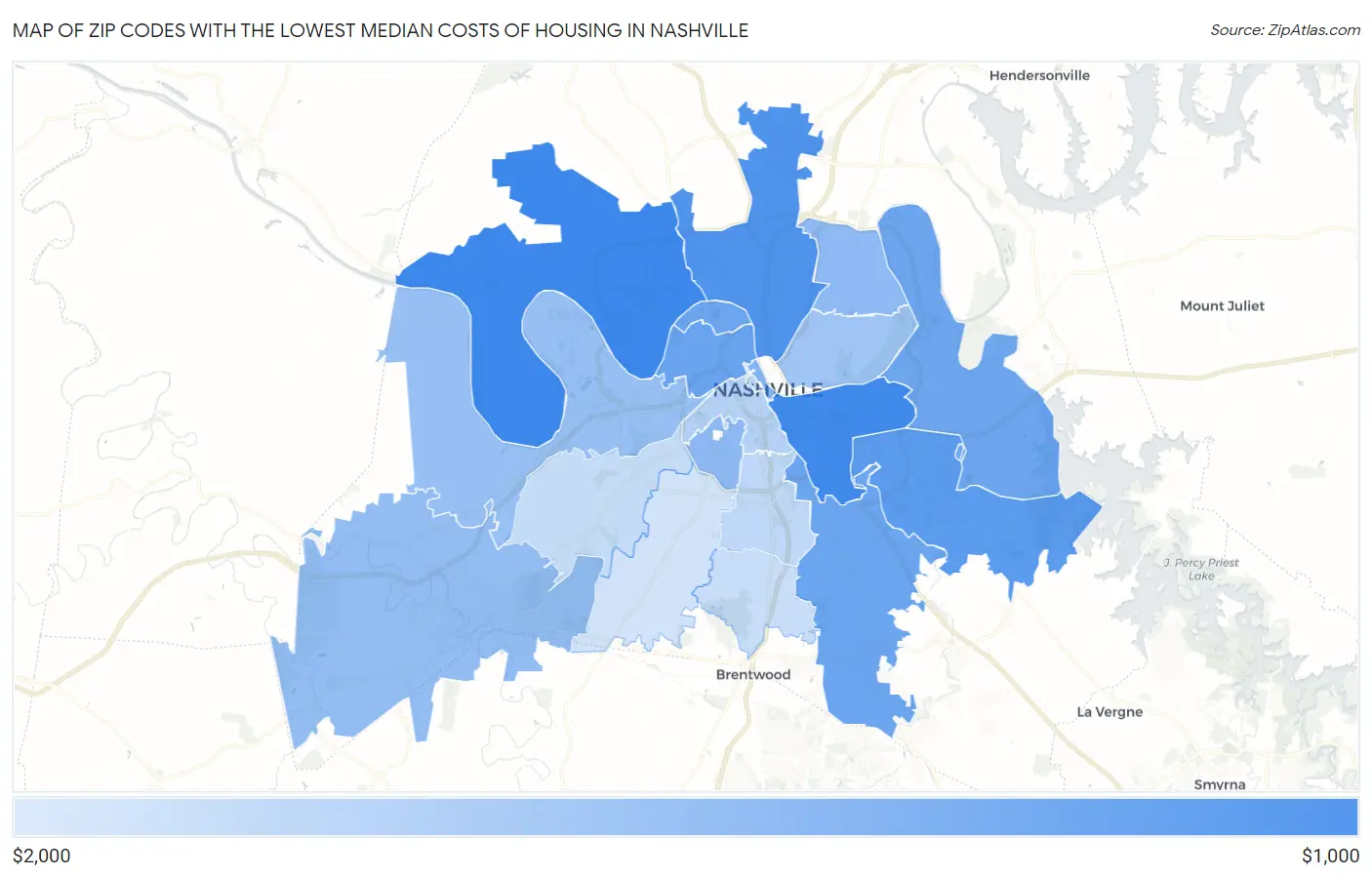 Zip Codes with the Lowest Median Costs of Housing in Nashville Map