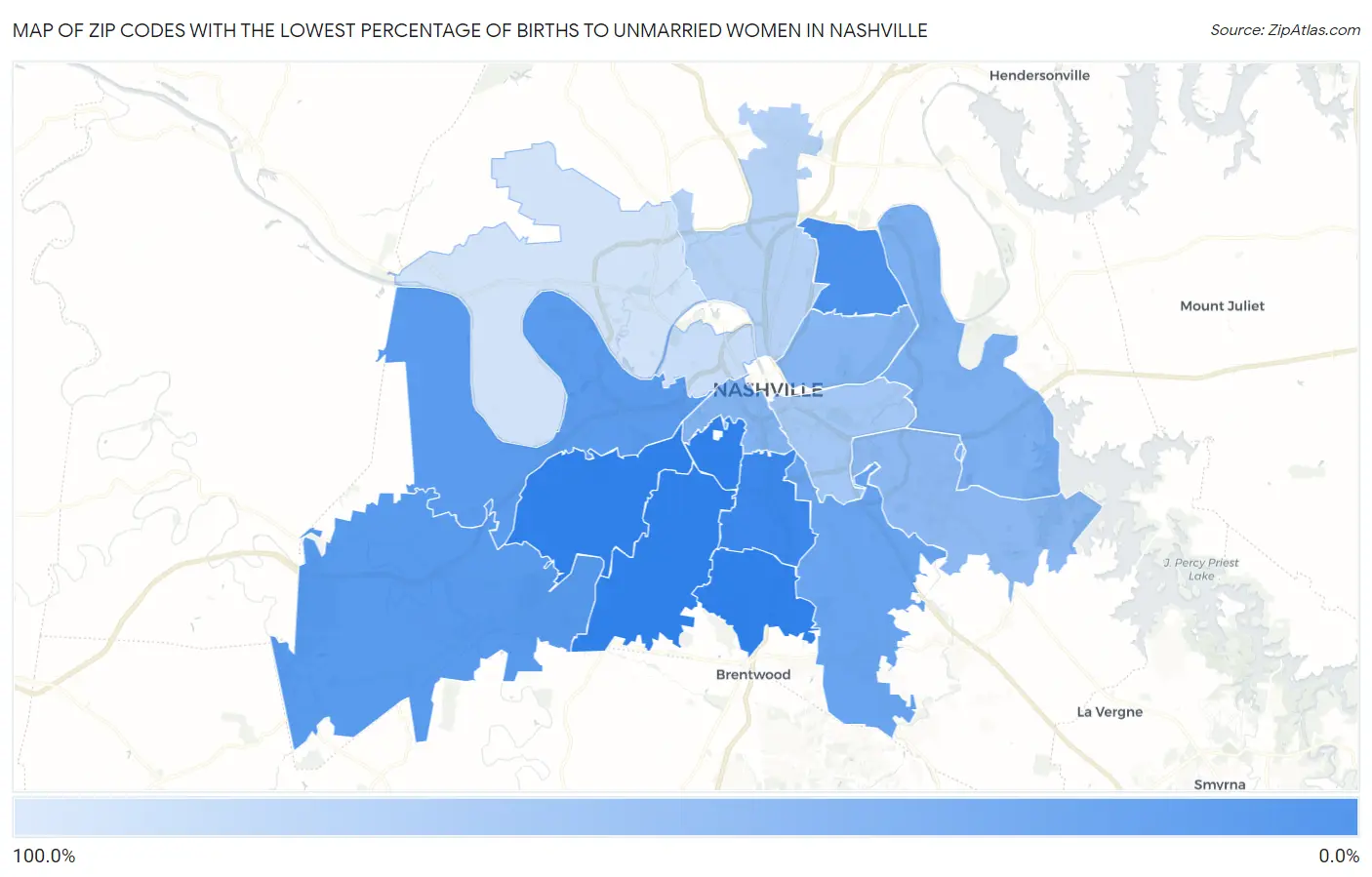 Zip Codes with the Lowest Percentage of Births to Unmarried Women in Nashville Map