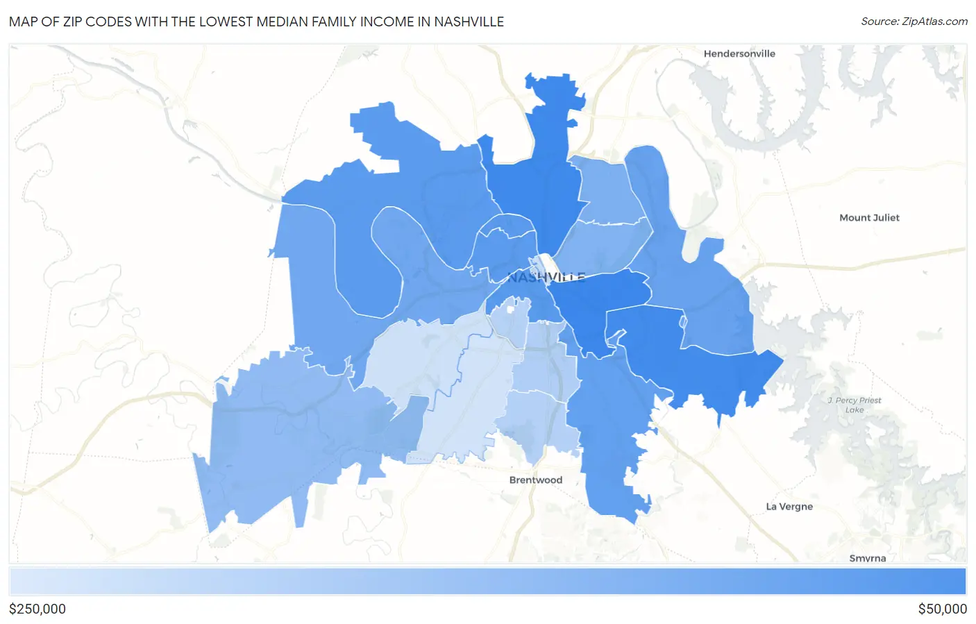 Zip Codes with the Lowest Median Family Income in Nashville Map